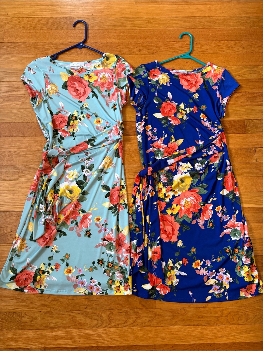 My Bump Floral Tie-Waist Women's Dress Bundle in Light Teal and Royal Blue
